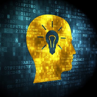 concepto de información: cabeza con bombilla de luz de fondo digital