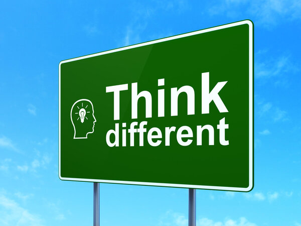 Education concept: Think Different and Head With Lightbulb on road sign background