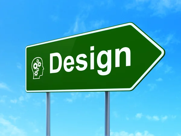 Advertising concept: Design and Head With Gears on road sign background — Stock Photo, Image