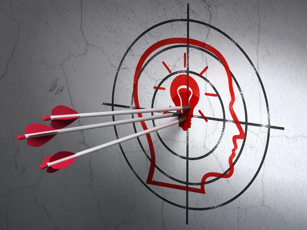 Business concept: arrows in Head With Lightbulb target on wall background — Stock Photo, Image