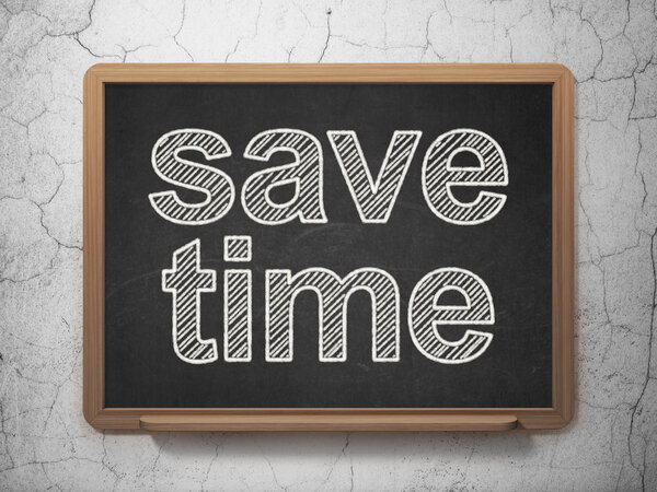 Timeline concept: text Save Time on Black chalkboard on grunge wall background, 3d render