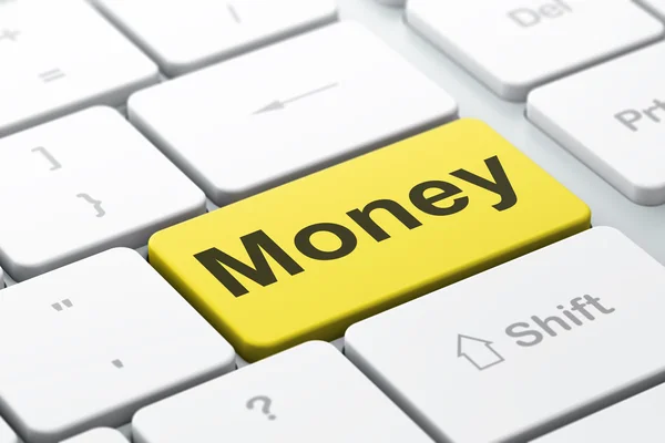 Conceito de finanças: Dinheiro no fundo do teclado do computador — Fotografia de Stock