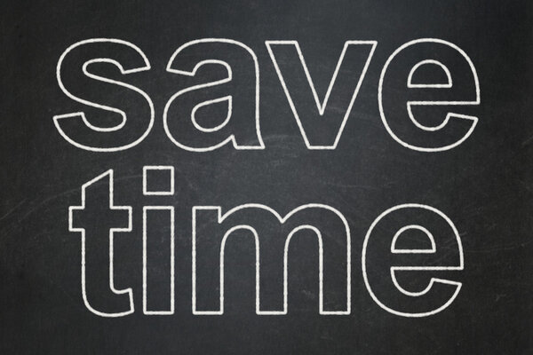 Timeline concept: text Save Time on Black chalkboard background, 3d render