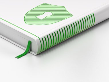 Gizlilik kavramı: kapalı kitap, beyaz arka plan üzerinde anahtar deliği ile kalkan
