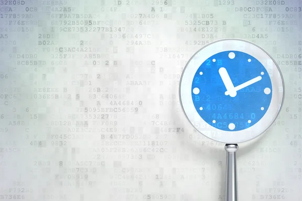 Timeline-Konzept: Uhr mit optischem Glas auf digitalem Hintergrund — Stockfoto