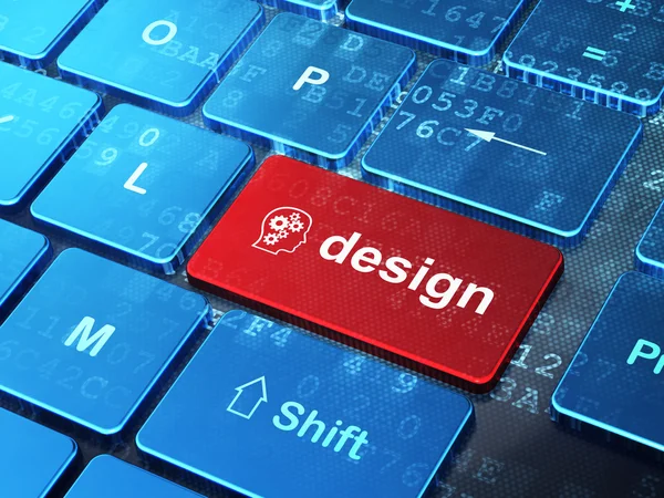 Concetto di marketing: testa con ingranaggi e design su sfondo tastiera del computer — Foto Stock