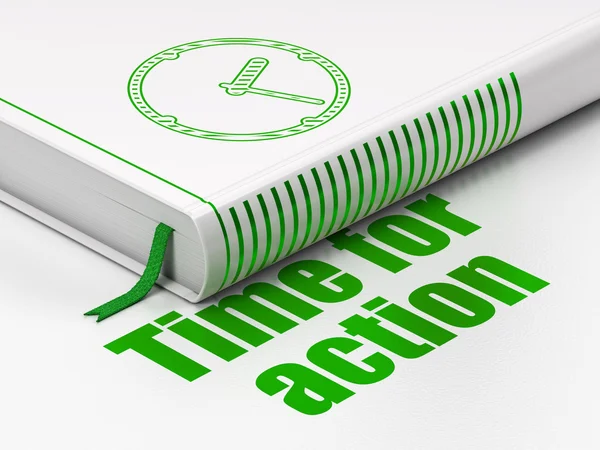Concetto di tempo: libro Orologio, Tempo per l'azione su sfondo bianco — Foto Stock