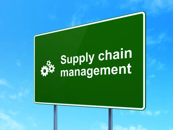 Conceito de publicidade: Supply Chain Management and Gears on road sign background — Fotografia de Stock