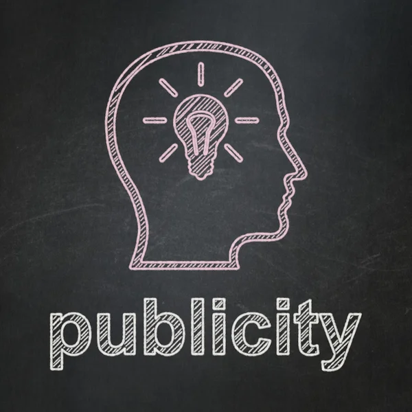 Advertising concept: Head With Lightbulb and Publicity on chalkboard background — Stock Photo, Image