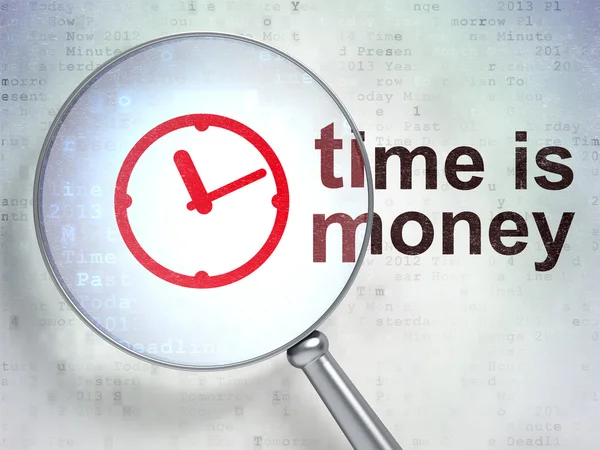 Концепция времени: часы и время - деньги с оптическим стеклом — стоковое фото