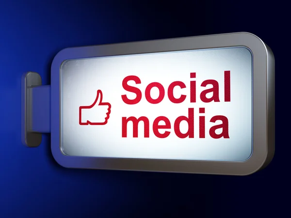 Sosyal medya kavramı: sosyal medya ve başparmak üzerinde arka planda billboard — Stok fotoğraf