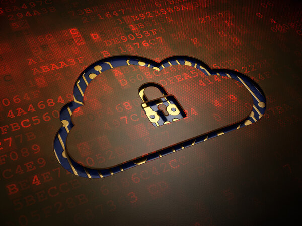 Концепция создания облачных сетей: облако с навесной блокировкой на фоне цифрового экрана
