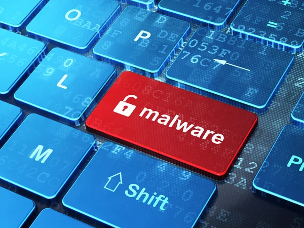 Personvernkonsept: Åpnet Padlock and Malware på datamaskinens tastaturbakgrunn – stockfoto