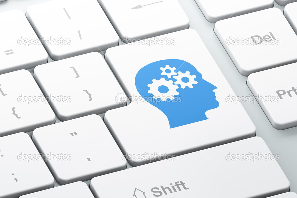 Education concept: Head With Gears on computer keyboard background