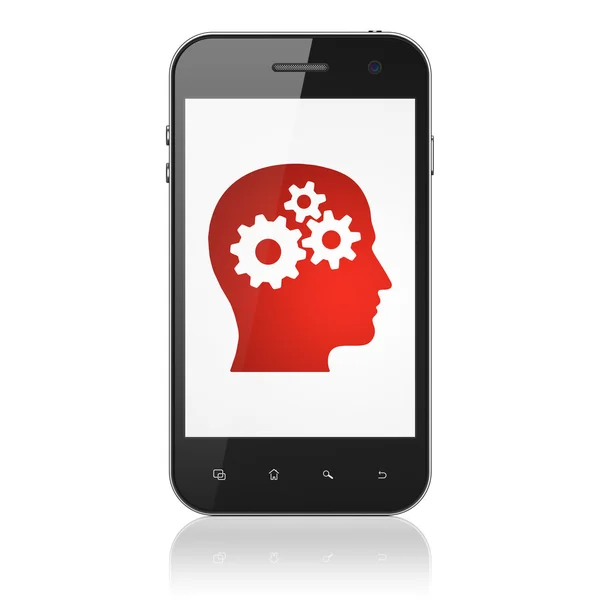 Concepto educativo: Head With Gears en el smartphone —  Fotos de Stock