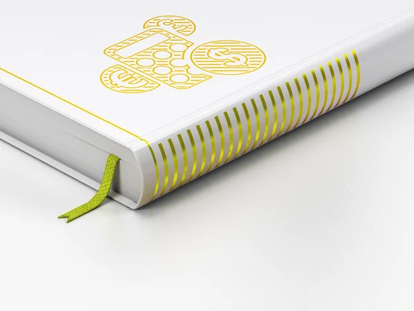 Marketingkonzept: geschlossenes Buch, Taschenrechner auf weißem Hintergrund — Stockfoto