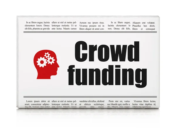 Finance concept: newspaper with Crowd Funding and Head With Gears — Stock Photo, Image