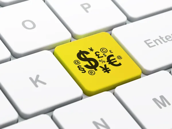 マーケティングの概念: コンピューターのキーボードの背景に財務の記号 — ストック写真