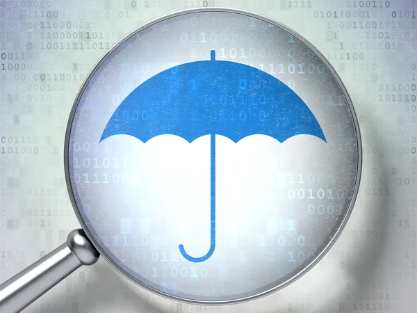 Security concept: Umbrella with optical glass on digital background — Stock Photo, Image