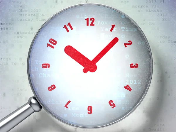 Концепция времени: часы с оптическим стеклом на цифровом фоне — стоковое фото