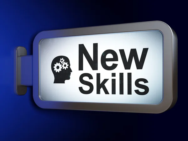 Education concept: New Skills and Head With Gears on billboard background — Stock Photo, Image