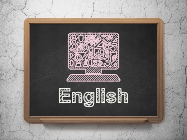 Education concept: Computer Pc and English on chalkboard background — Stock Photo, Image
