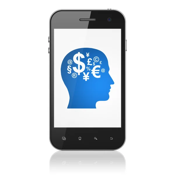 财务理念: 头与财务符号在智能手机上 — 图库照片