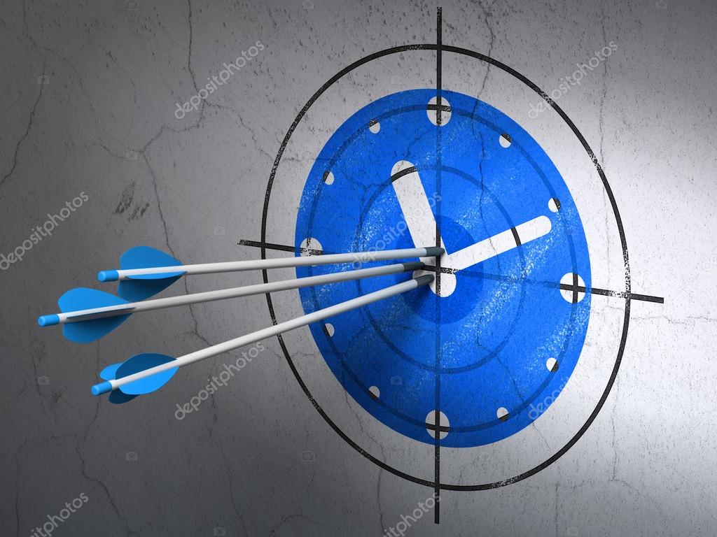 Timeline concept arrows in Clock target on wall background Stock Photo