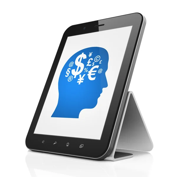 Bildungskonzept: Kopf mit Finanzsymbol auf Tablet-PC — Stockfoto
