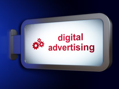 reklam kavramı: dijital reklam ve dişli üzerinde arka planda billboard