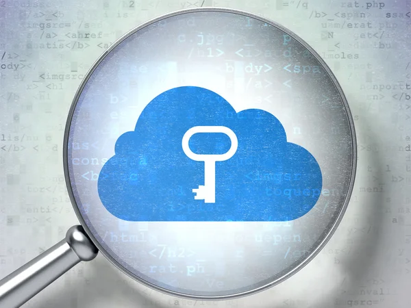 Cloud nätverkskoncept: moln med nyckel med optiskt glas på digital bakgrund — Stockfoto