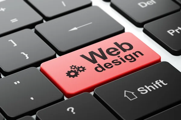 Conceito de Web design: Engrenagens e Web Design no fundo do teclado do computador — Fotografia de Stock