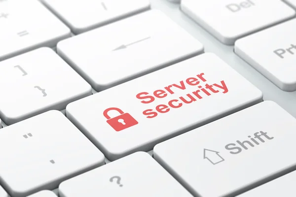 Concetto di privacy: lucchetto chiuso e sicurezza del server su sfondo tastiera del computer — Foto Stock