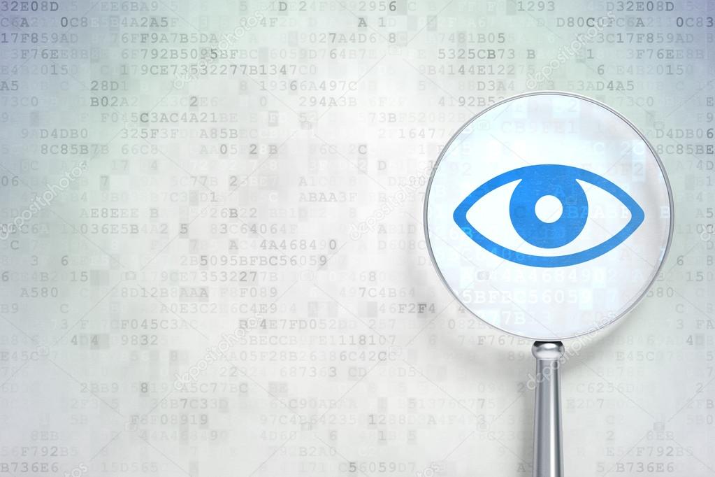 Privacy concept: Eye with optical glass on digital background