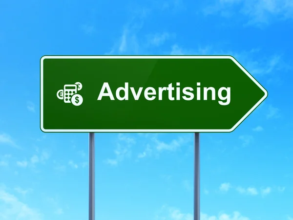 Advertising concept: Advertising and Calculator on road sign background — Stock Photo, Image