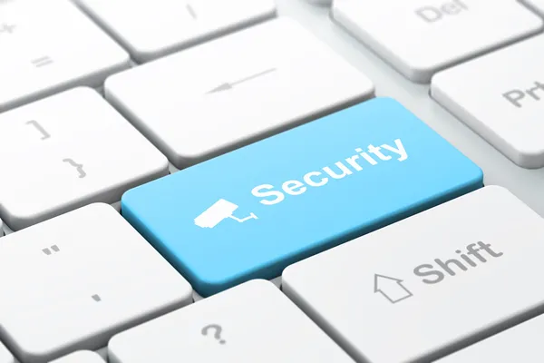 Conceito de privacidade: Cctv Camera and Security no fundo do teclado do computador — Fotografia de Stock