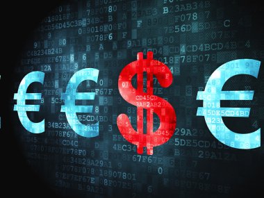 Para birimi kavramı: dijital arka plan üzerinde Doları ve Euro