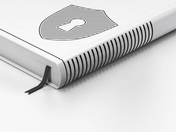 Концепция конфиденциальности: закрытая книга, Щит с замочной скважины на белом фоне — стоковое фото