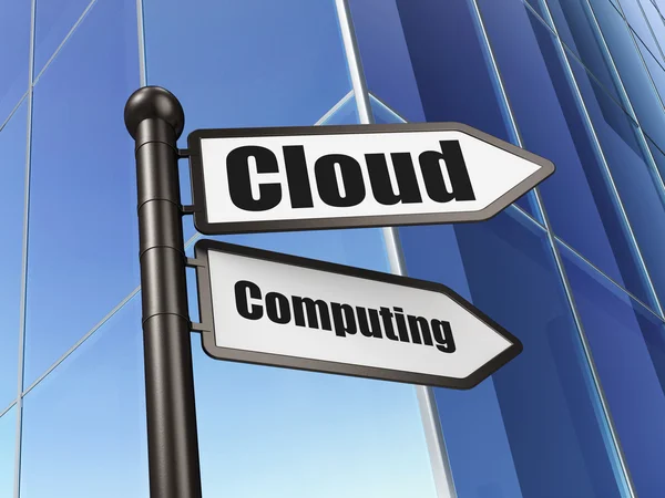 Cloud computing koncept: underteckna molnberäkning bygga bakgrund — Stockfoto
