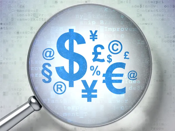 Financiën concept: Financiën symbool met optisch glas op digitale achtergrond — Stockfoto