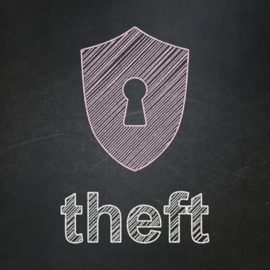 güvenlik kavramı: anahtar deliği ve hırsızlık kara tahta arka plan ile kalkan