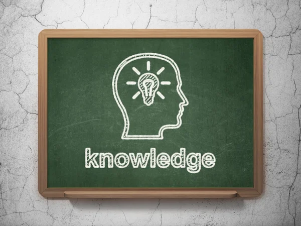 Education concept: Head With Lightbulb and Knowledge on chalkboard background — Stock Photo, Image