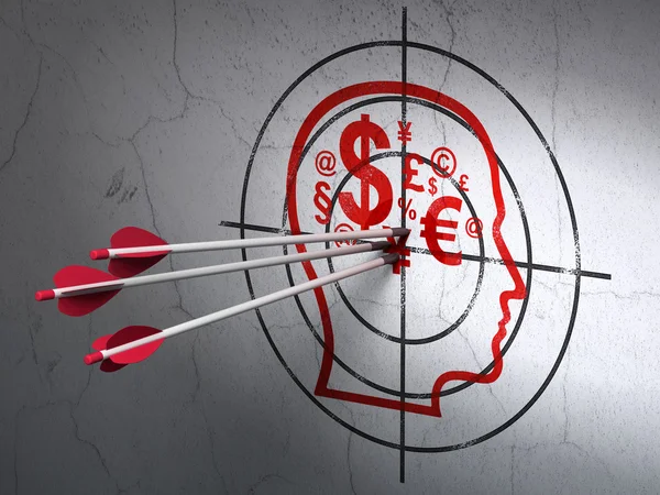 Education concept: arrows in Head With Finance Symbol target on wall background — Stock Photo, Image