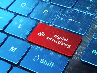 reklam kavramı: Dişliler ve dijital reklam bilgisayar klavye arka plan