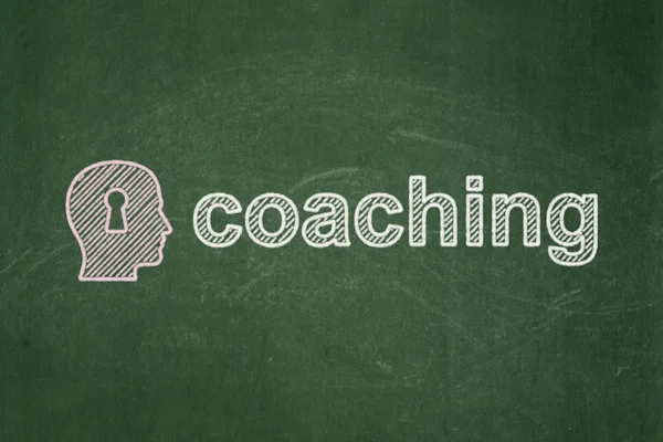 Education concept: Head With Keyhole and Coaching on chalkboard background — Stock Photo, Image