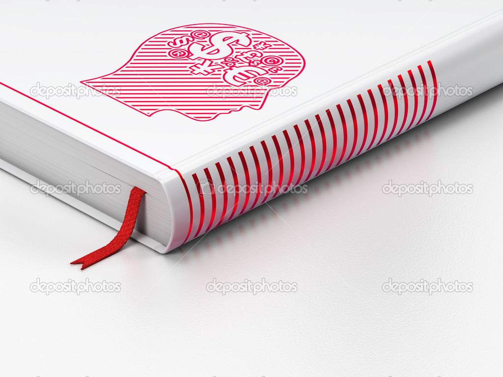 Advertising concept: closed book, Head With Finance Symbol on white background