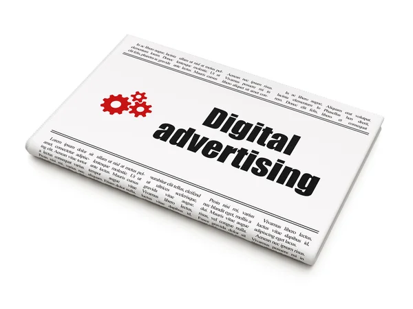 Concepto publicitario: periódico con publicidad digital y engranajes — Foto de Stock