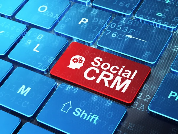 Concetto di finanza: Head With Gears e Social CRM su sfondo tastiera del computer — Foto Stock