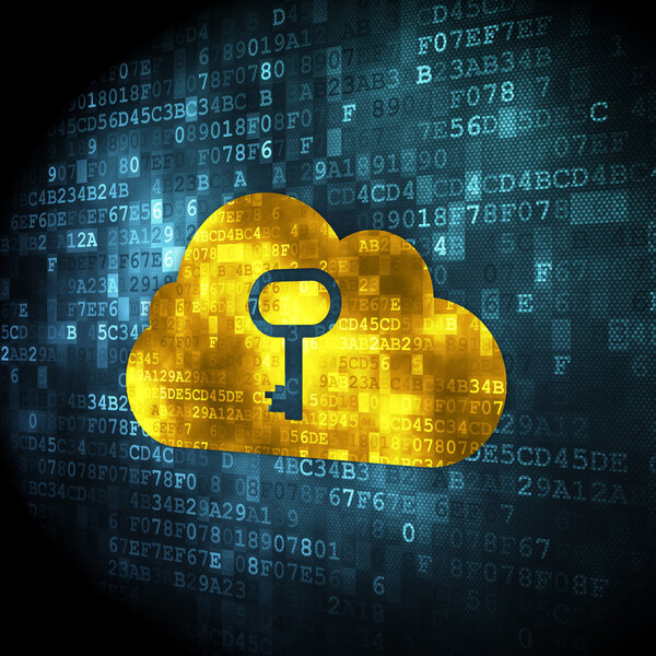 Концепция создания облачных сетей: облако с ключом на цифровом фоне

