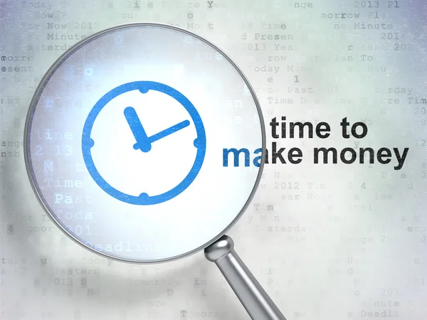Conceito de linha do tempo: Relógio e tempo para ganhar dinheiro com vidro óptico — Fotografia de Stock